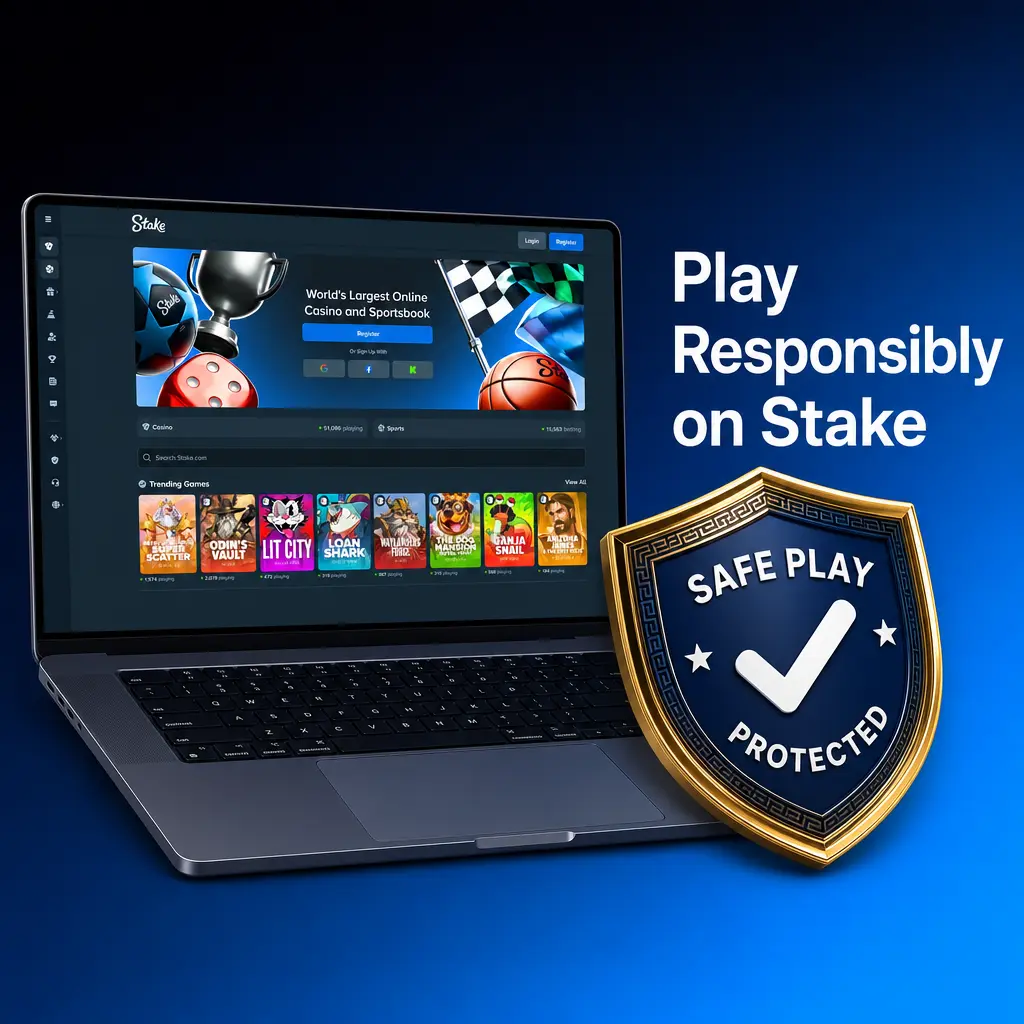 Responsible gambling tools on Stake, including deposit limits, bet limits, self-exclusion, and activity tracking options.