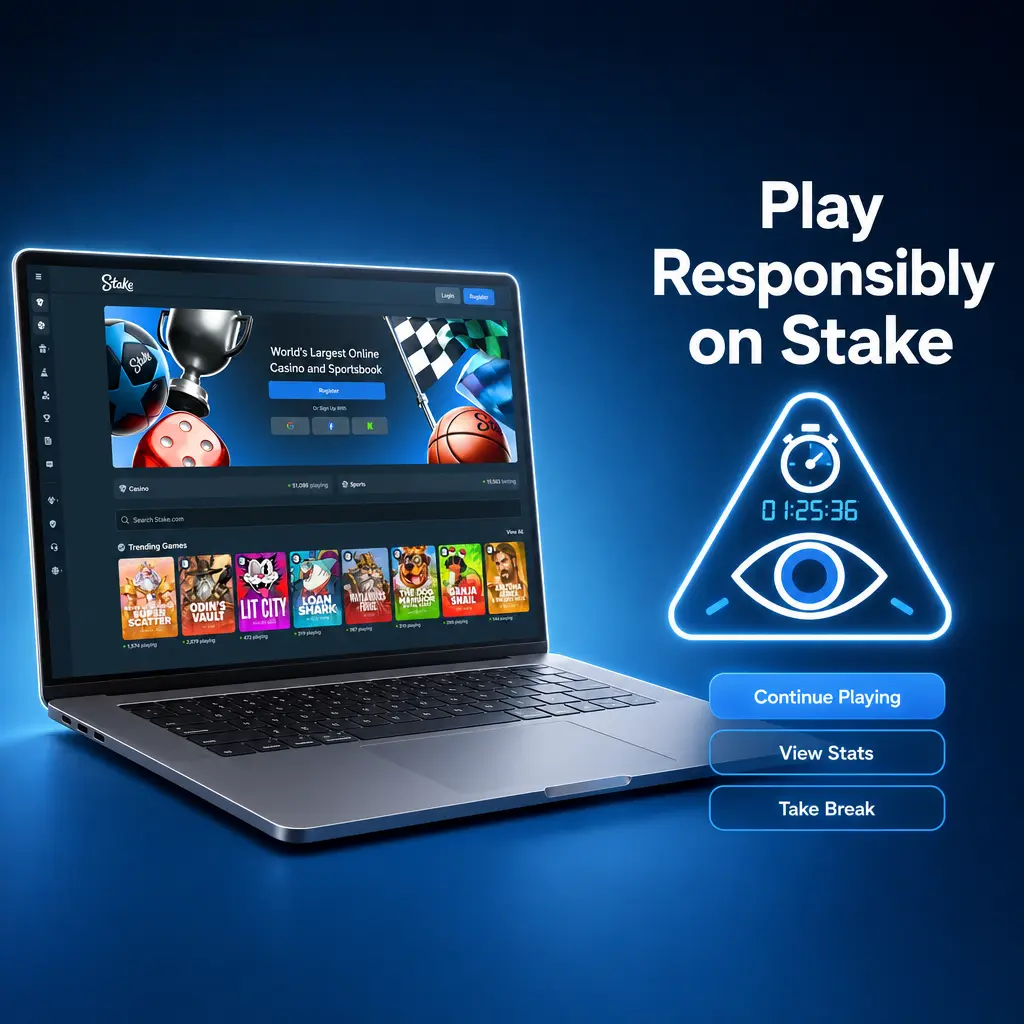 Stake account settings showing responsible gambling tools like deposit limits, self-exclusion, and wagering trackers