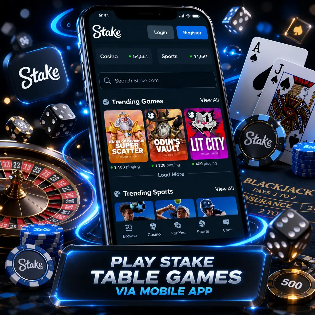 Stake mobile app for Blackjack, Roulette, Baccarat, and more table games on Android and iOS devices.