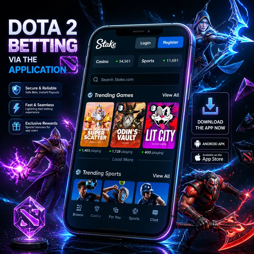 Stake app screen showing Dota 2 betting odds, live matches, and tournament markets on mobile