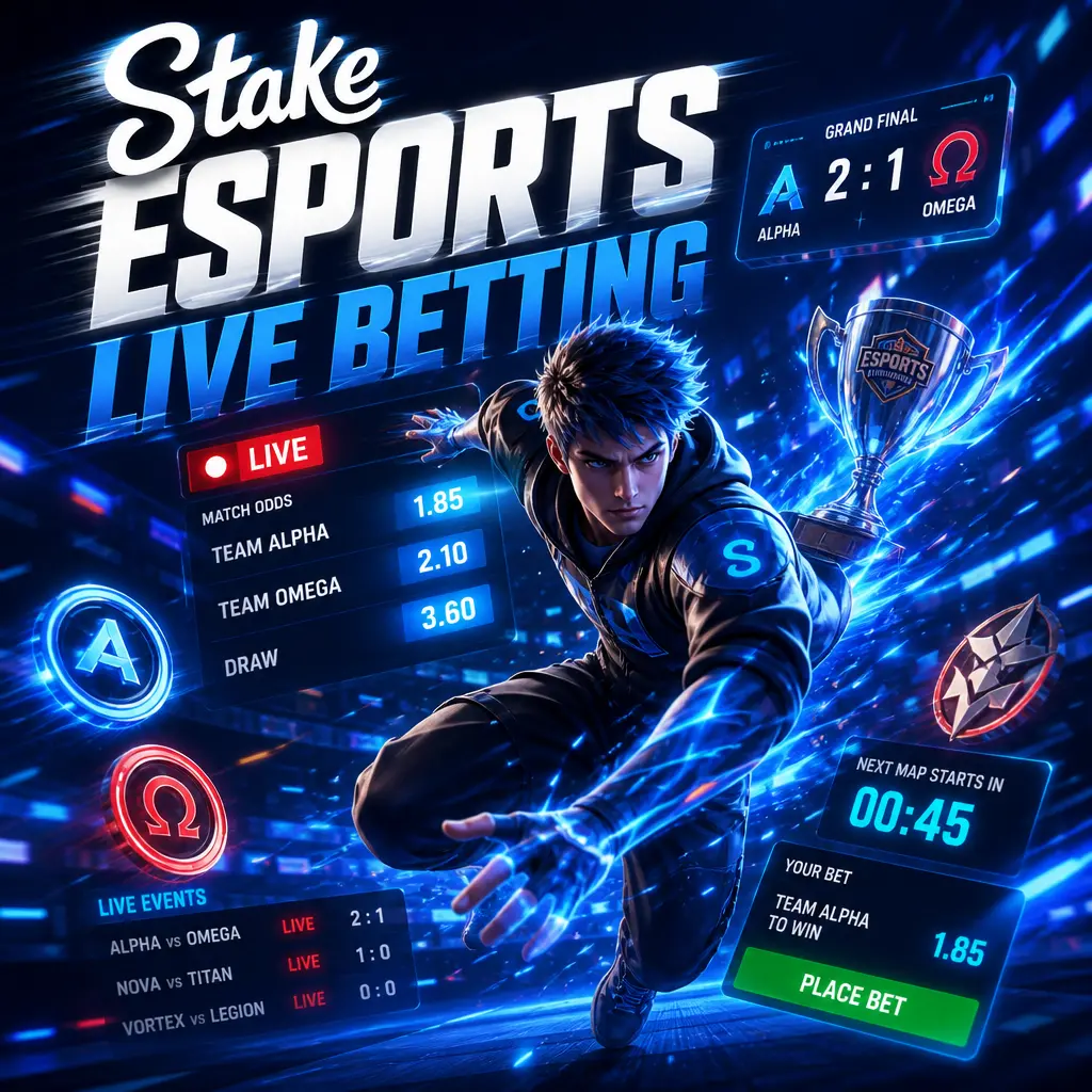 Stake esports live betting screen showing real-time odds, score updates and in-play markets during an active match.