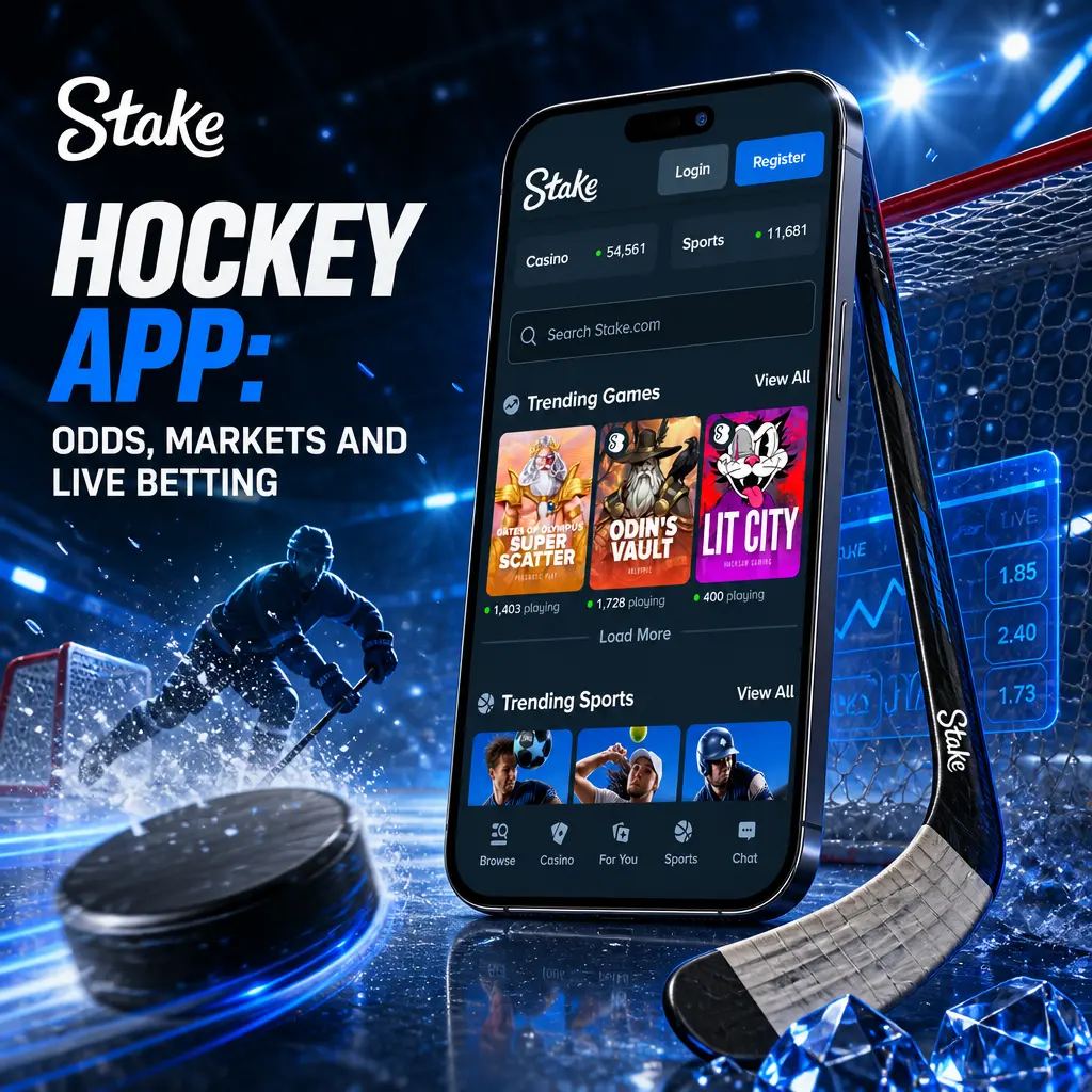 Stake hockey betting app on mobile showing NHL, KHL and IIHF odds, live betting, and account deposit options.