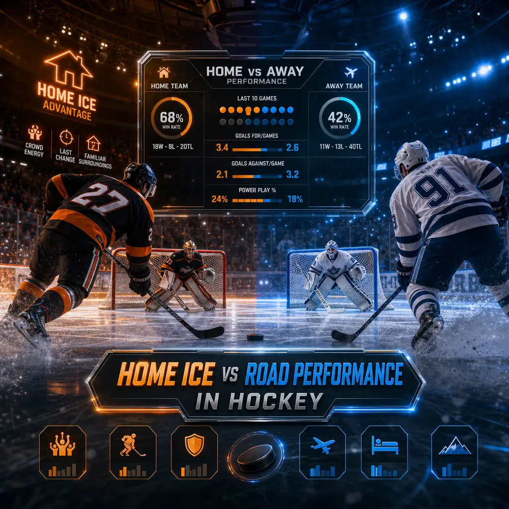 Hockey rink illustrating home ice advantage with last line change benefits versus road team performance challenges