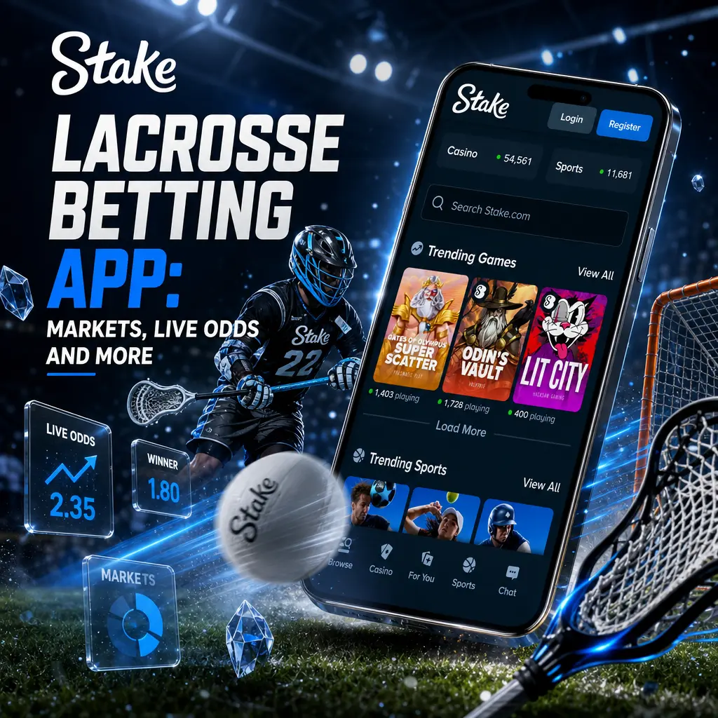 Stake lacrosse betting app showing NLL, PLL, and World Lacrosse odds, moneyline, spread, and prop bet markets.