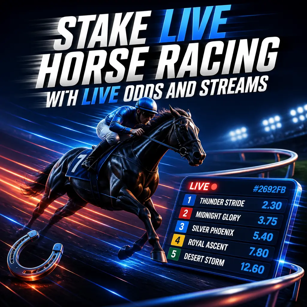 Stake live horse racing screen showing in-play odds, race stream, paddock view, and bet slip on one page.