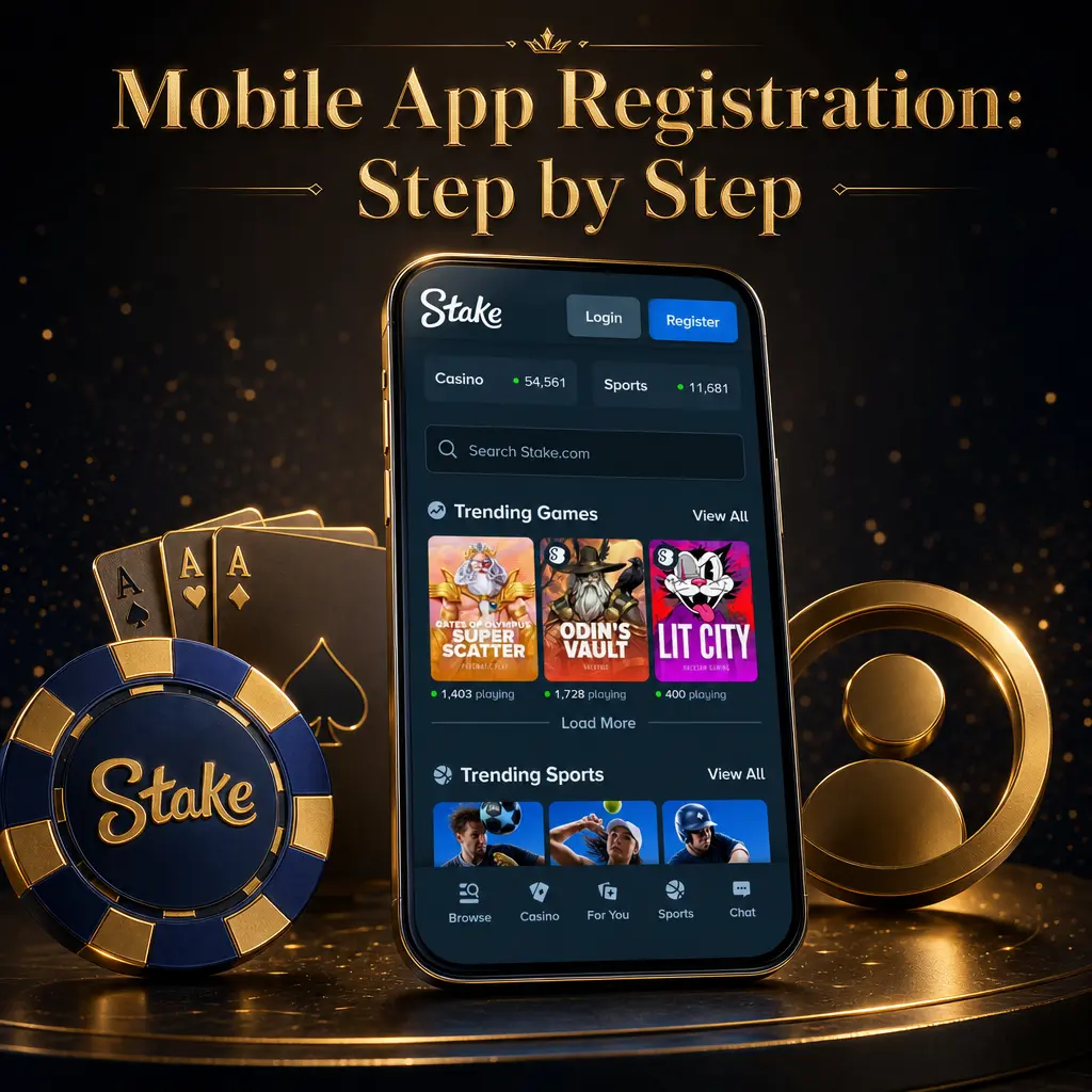 Step-by-step guide to registering on the Stake mobile app, from home screen install to email confirmation.