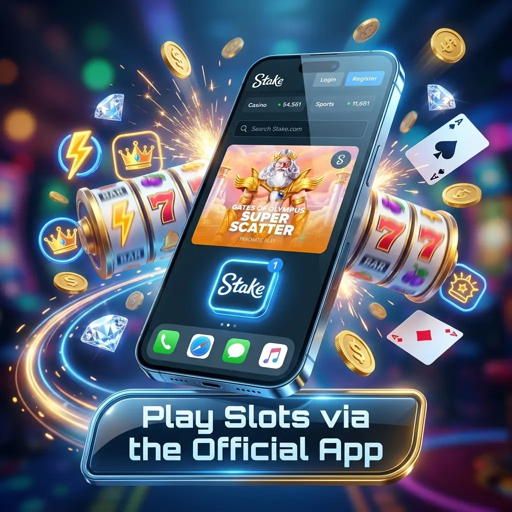 Stake app screen showing 3,000+ slots with demo and real money modes, synced balance across mobile and desktop