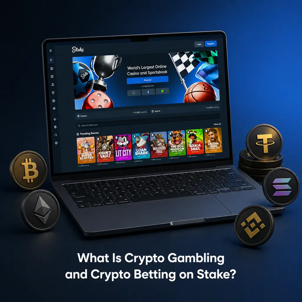 Stake crypto casino and sportsbook interface showing digital currency options for deposits and betting in Canada